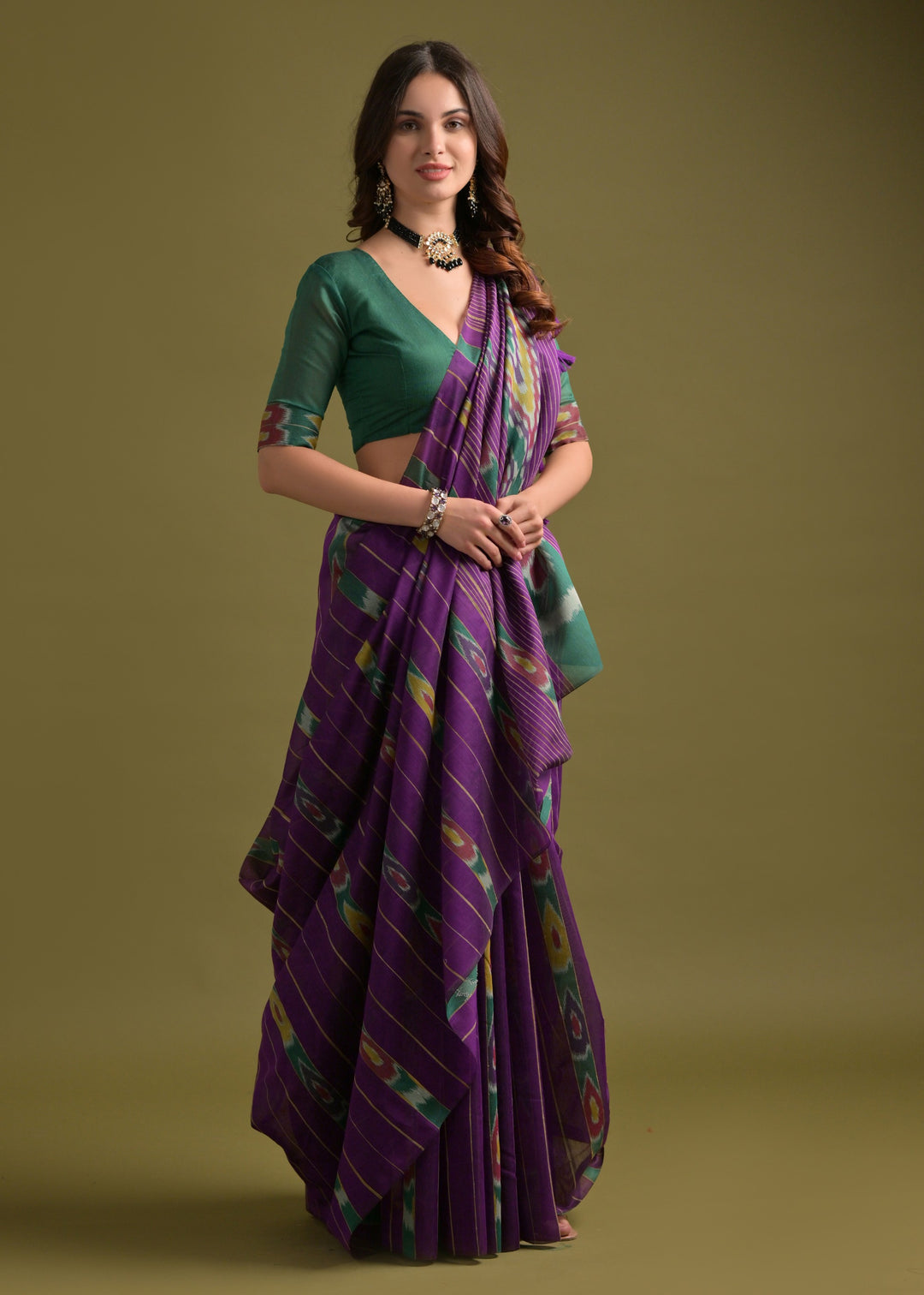 True Purple Soft Ikkat Cotton Printed Saree