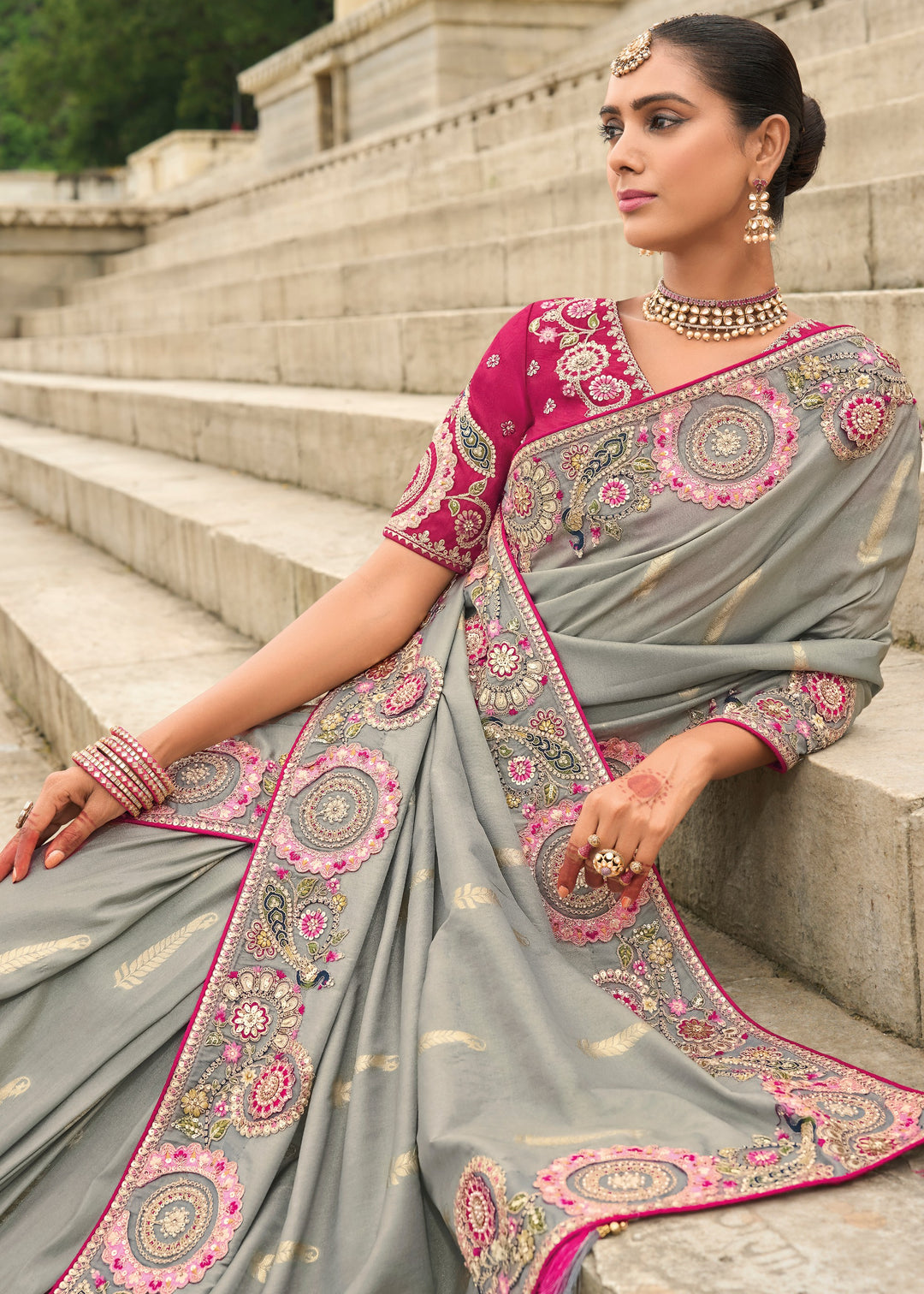 Flint Grey Viscose Tissue Silk Saree With Embroidery Cut Work Border And Sequence Work