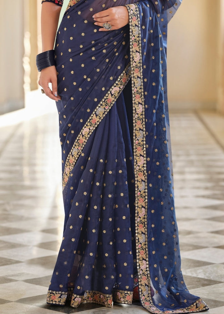 Space Blue Designer Organza Saree with Sequins,Zari & Thread work