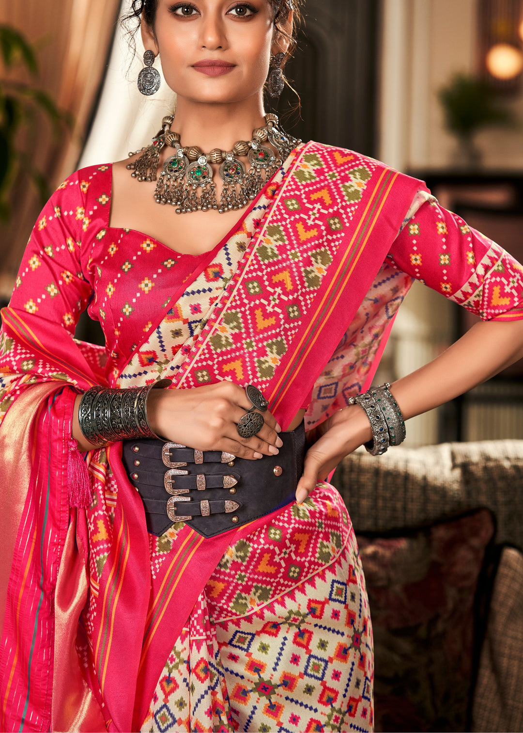 Light Pink & Off White Tussar Silk Saree With Beautiful Patola Print