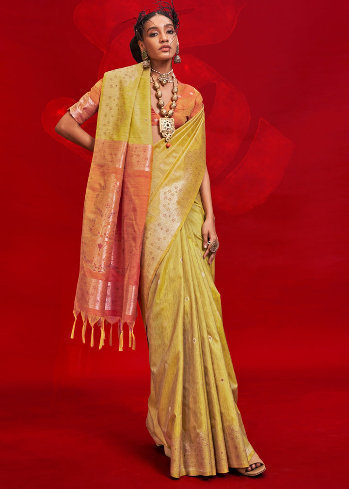 Yellow Tussar Silk Handloom Weaving Saree with Contrast Ikkat Pallu