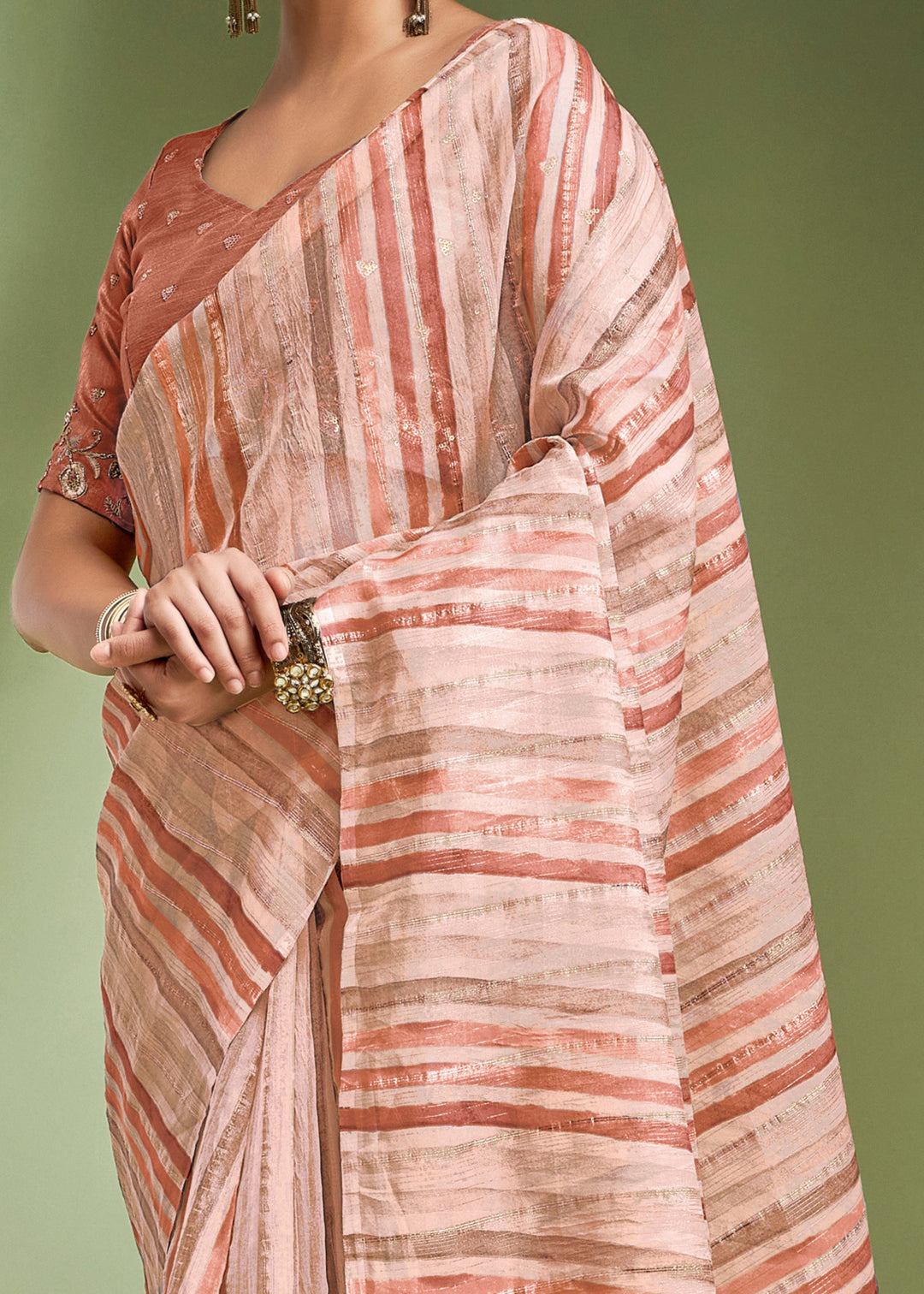 Salmon Orange Tissue Based Fancy Silk Saree With Designer Blouse