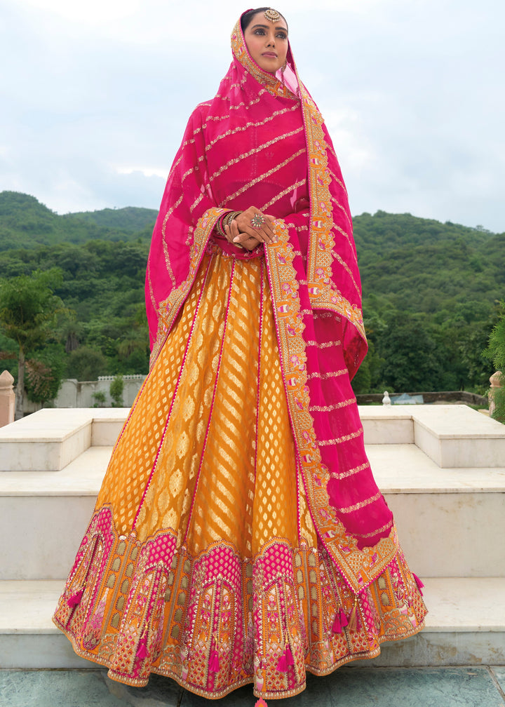 Bright Orange Banarasi Silk Lehenga With Heavy Embroidery Work