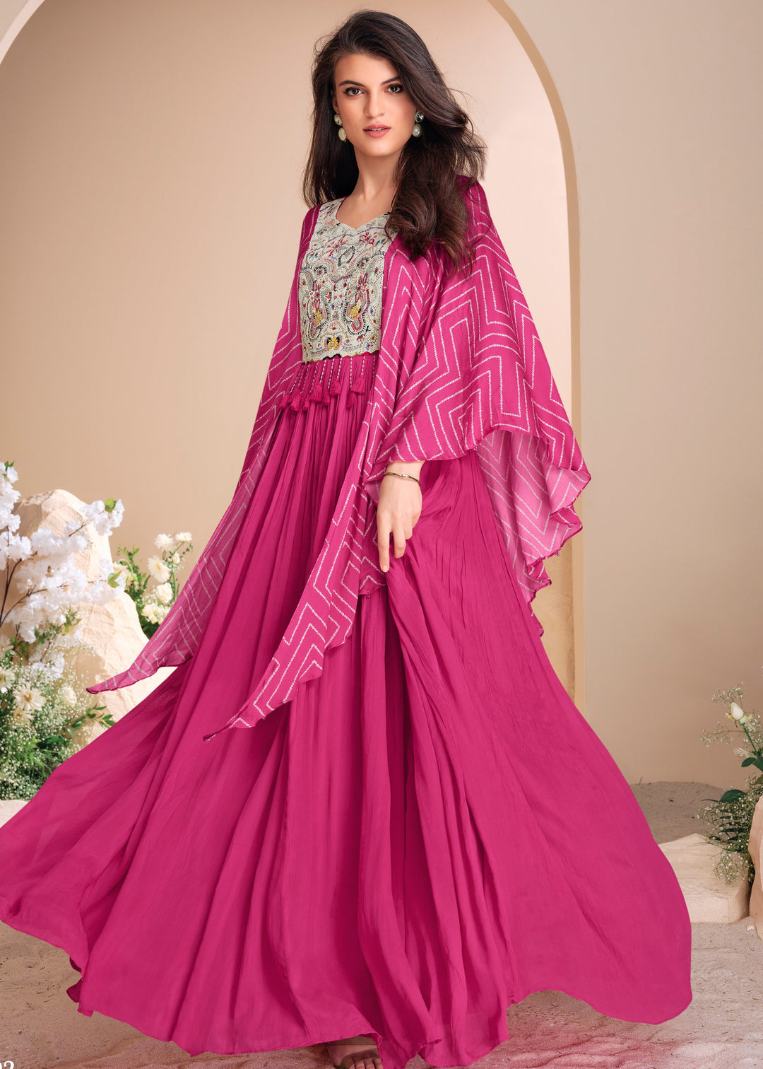 Bright Pink Moti Embroidered Chinon Silk Gown With Digital Sleeves