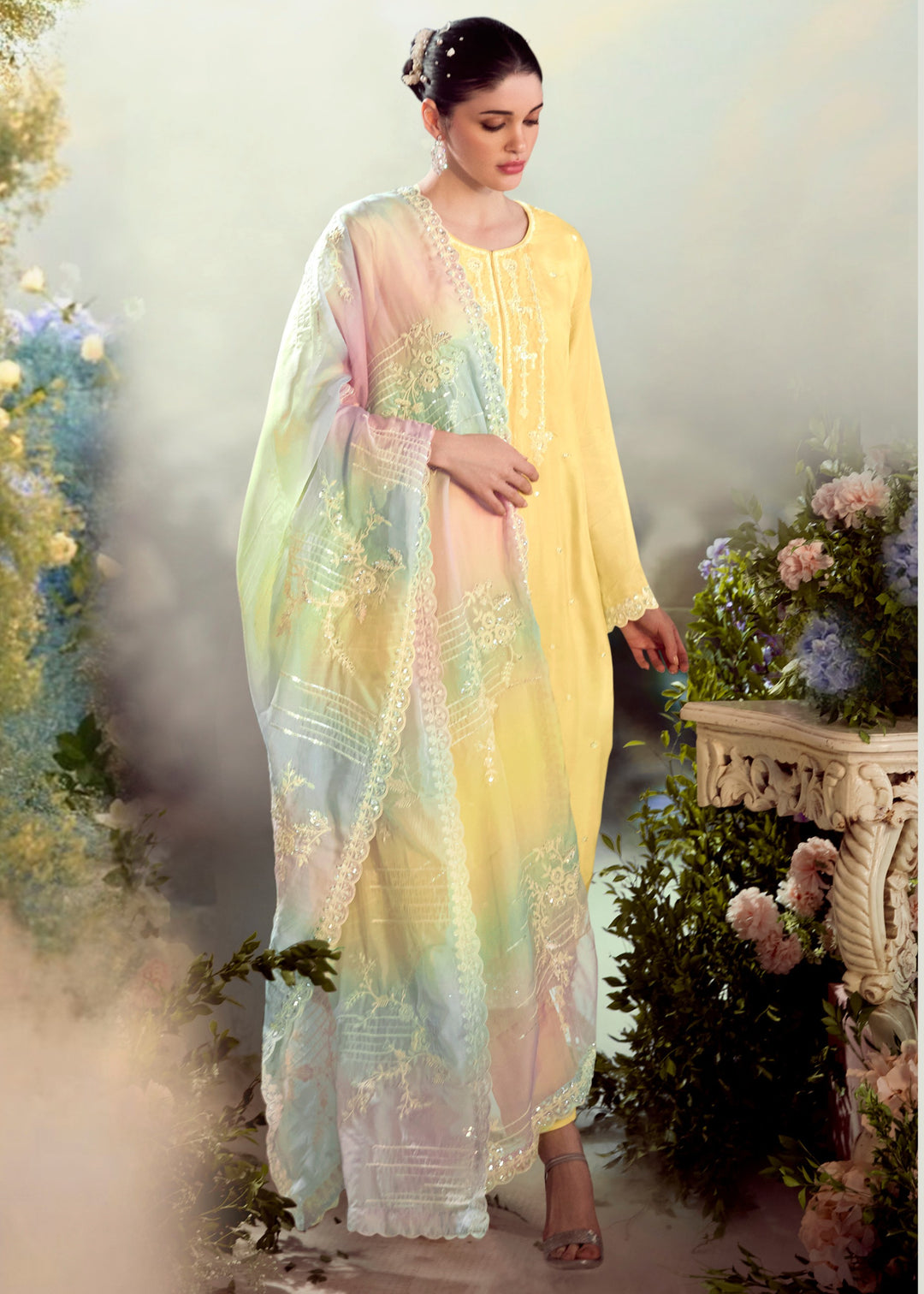 Pastel Yellow Modale Silk Salwar Suit with Embroidery