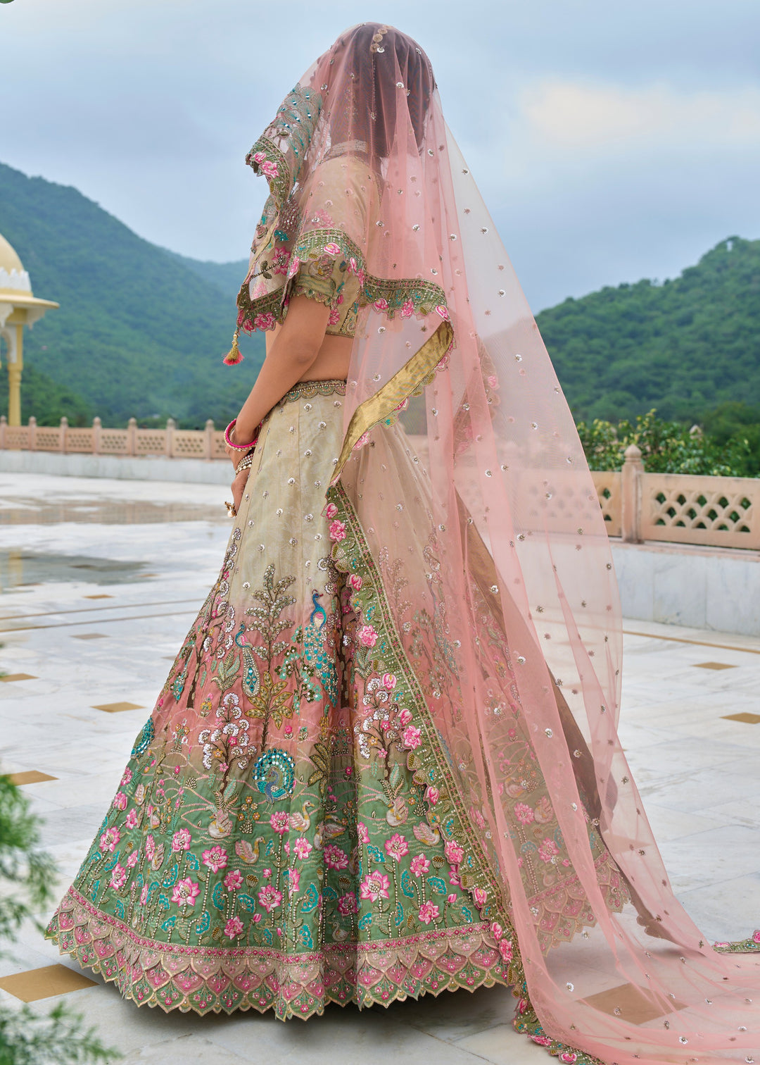 Pista Green and peach Viscose Tissue Lehenga Choli with Embroidery Work : Top Pick