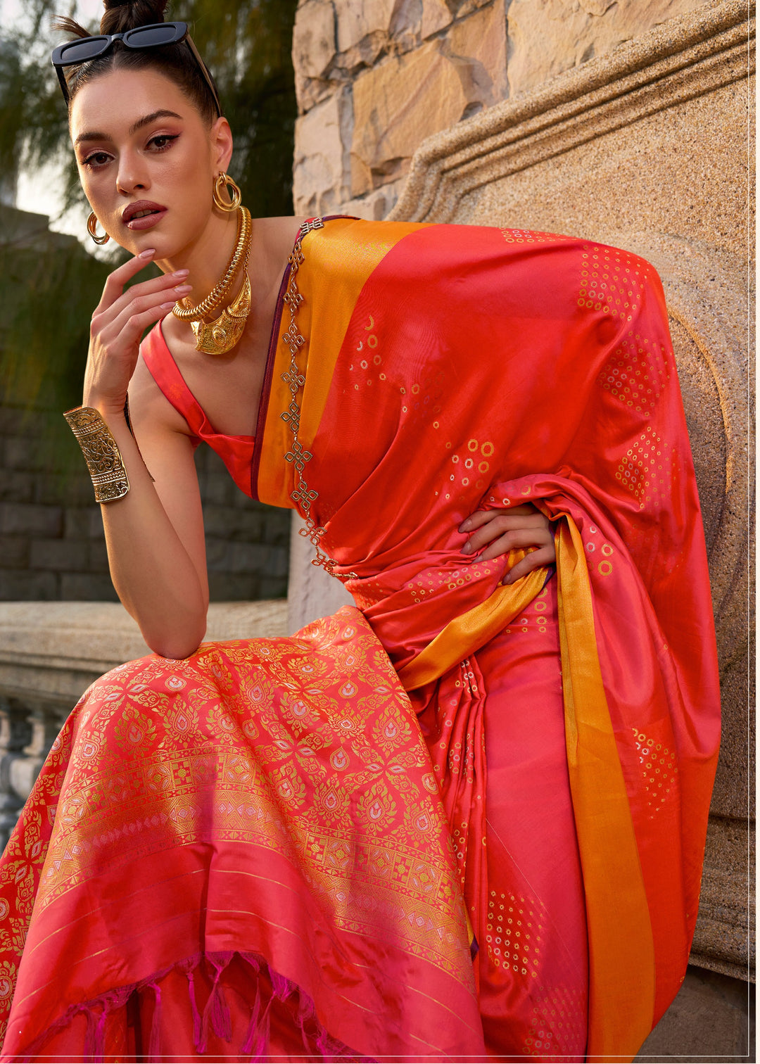 Orange Handloom Weaving Satin Silk Saree