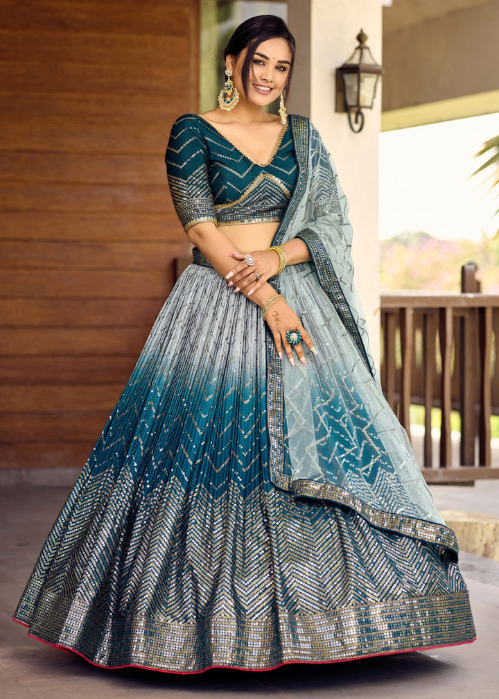 Turquoise Blue Chinon Silk Lehenga With Sequence and Thread Embroidery Work