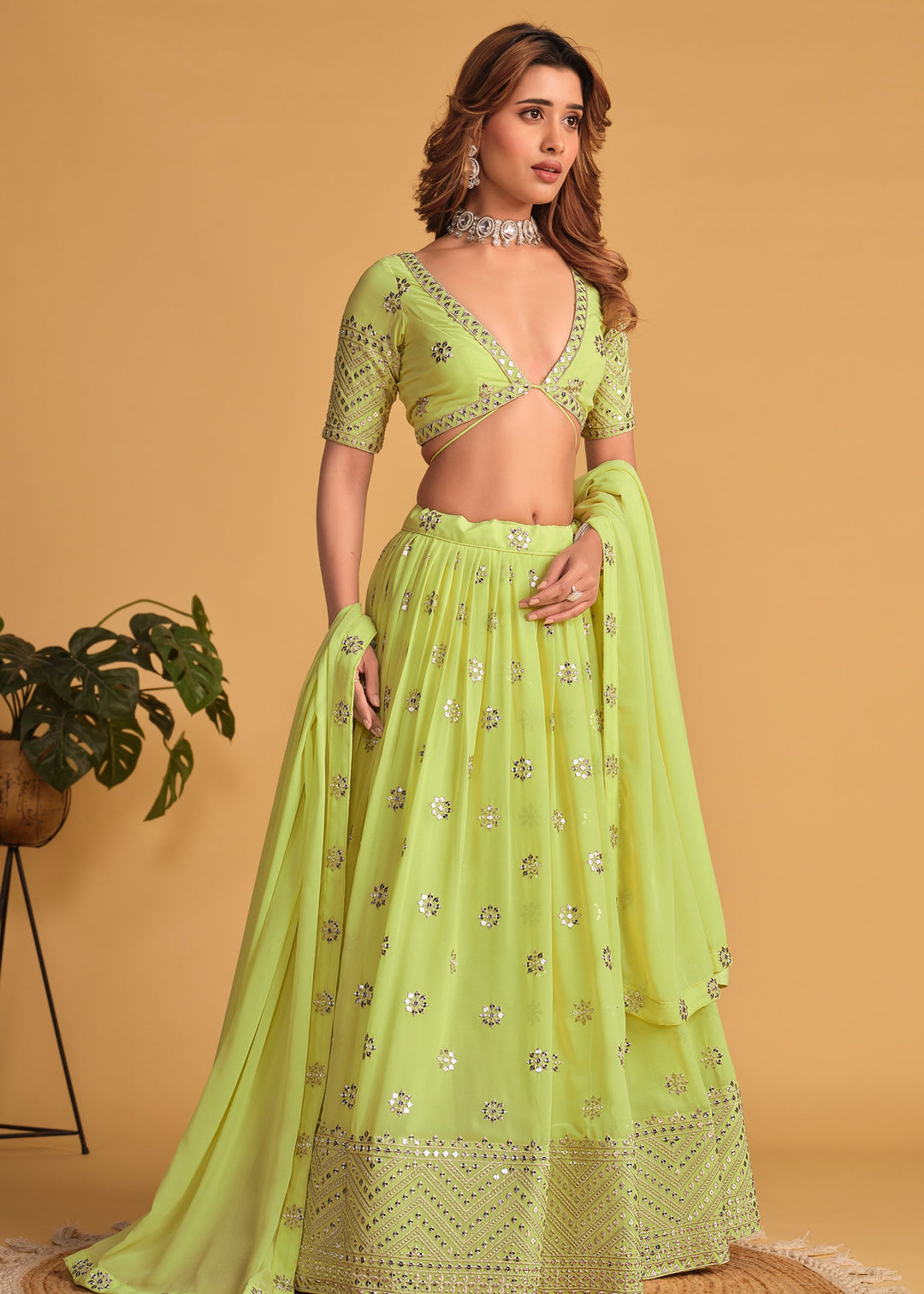 Neon Green Georgette Lehenga Choli With Sequins Zari Embroidered Work