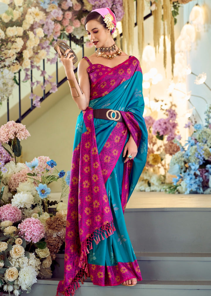 Dodger Blue Soft Silk Saree With Ikkat Border