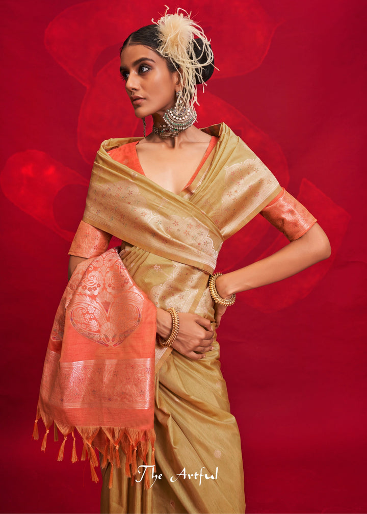 Mustard Tussar Silk Handloom Weaving Saree with Contrast Ikkat Pallu