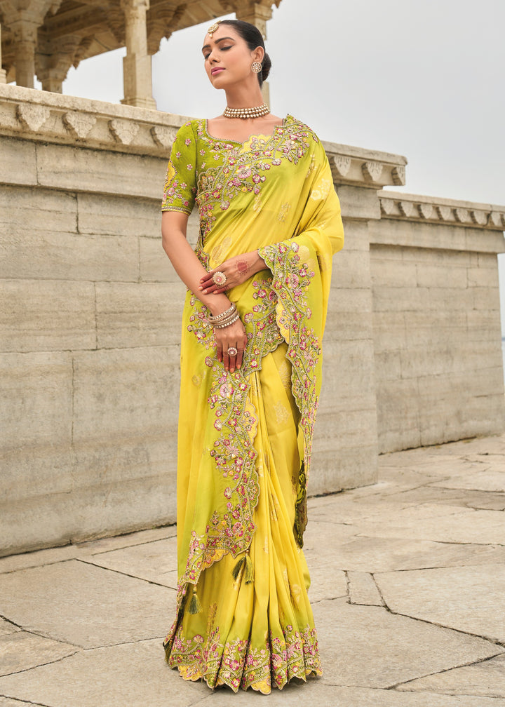 Bright Yellow Viscose Tissue Silk Saree With Embroidery Cut Work Border And Sequence Work