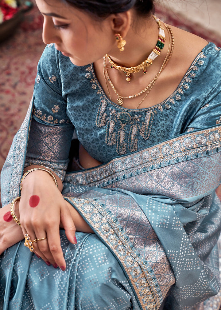 French Blue Satin Silk Saree With Heavy Embroidery Lace & Blouse