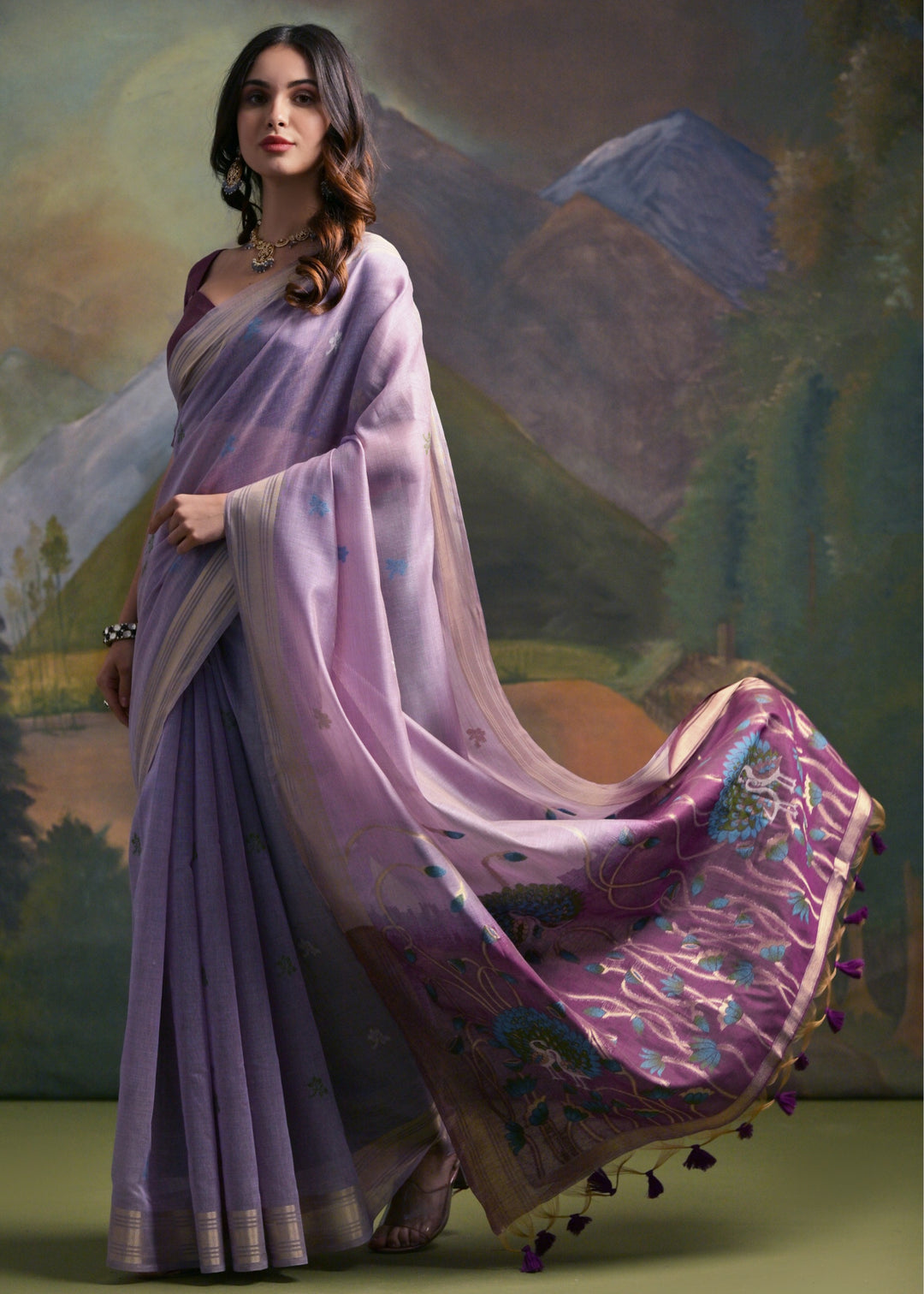 Lavender Purple Thread Woven Cotton Saree With Contrast Blouse And Pallu