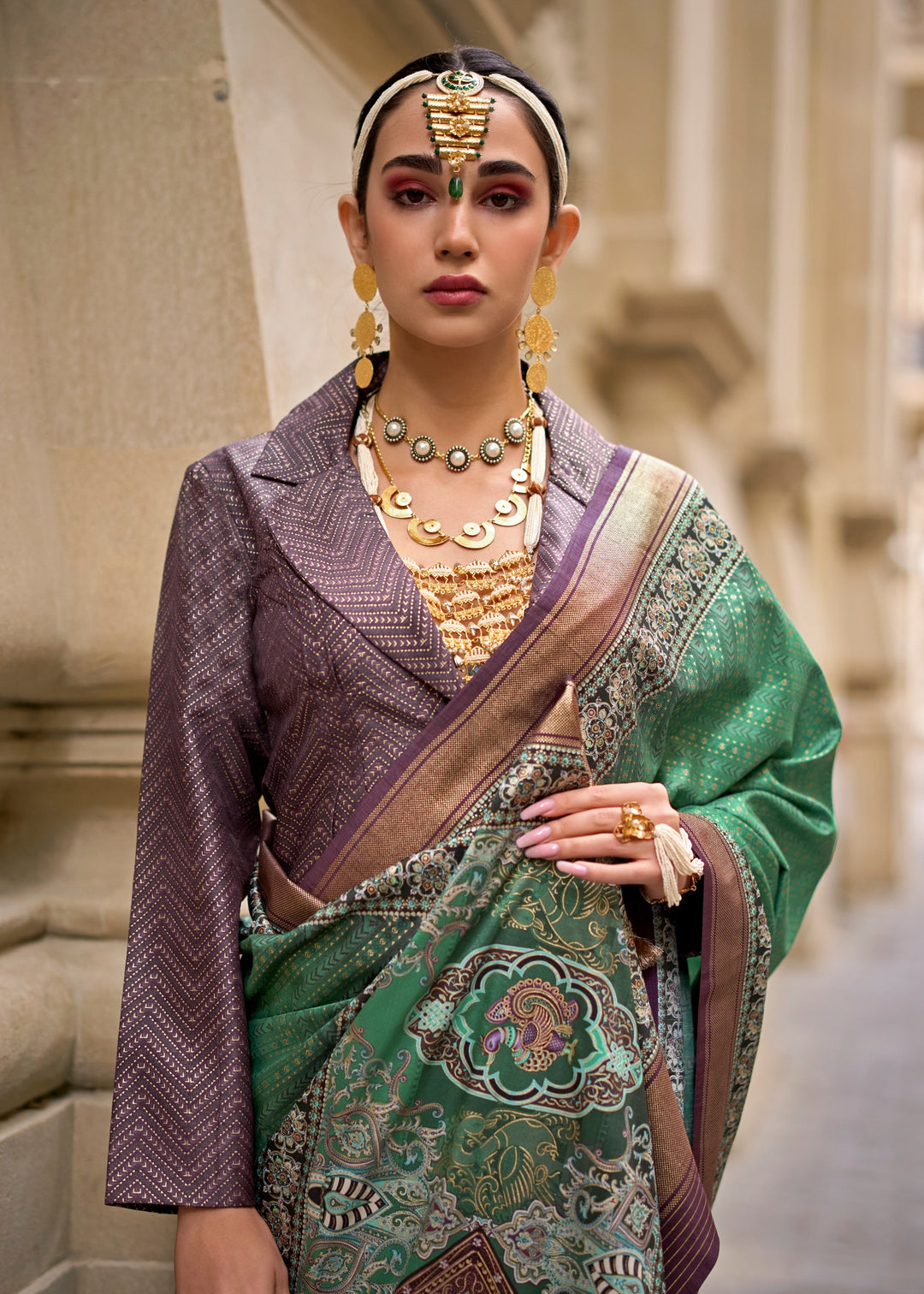 Jade Green Poly Viscose Silk Saree With Foil Print