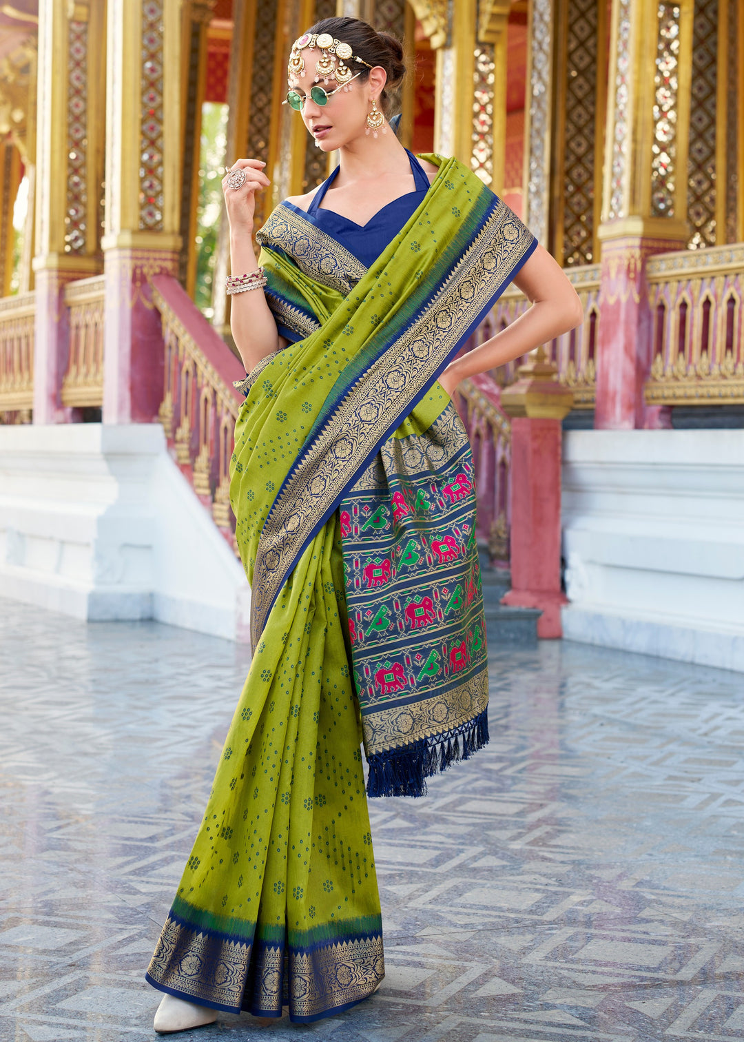 Pear Green Tusser Handloom Silk Saree With Zari Weaving Border & Patola Weaved Pallu