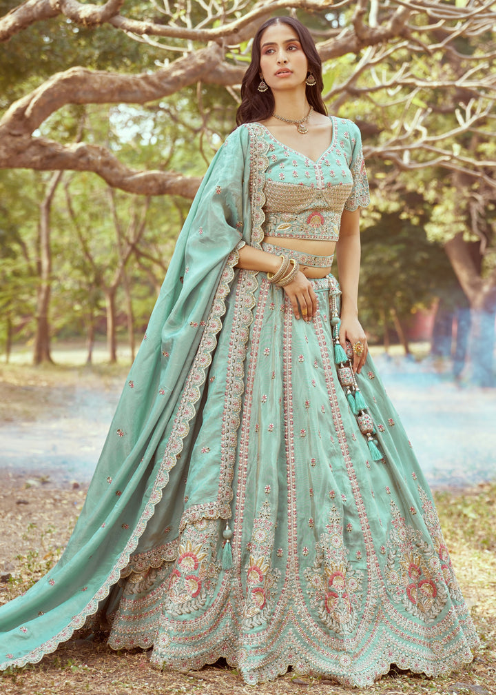 Seagreen Gold crushed Tissue Fabric Moti, Zari work Lehenga