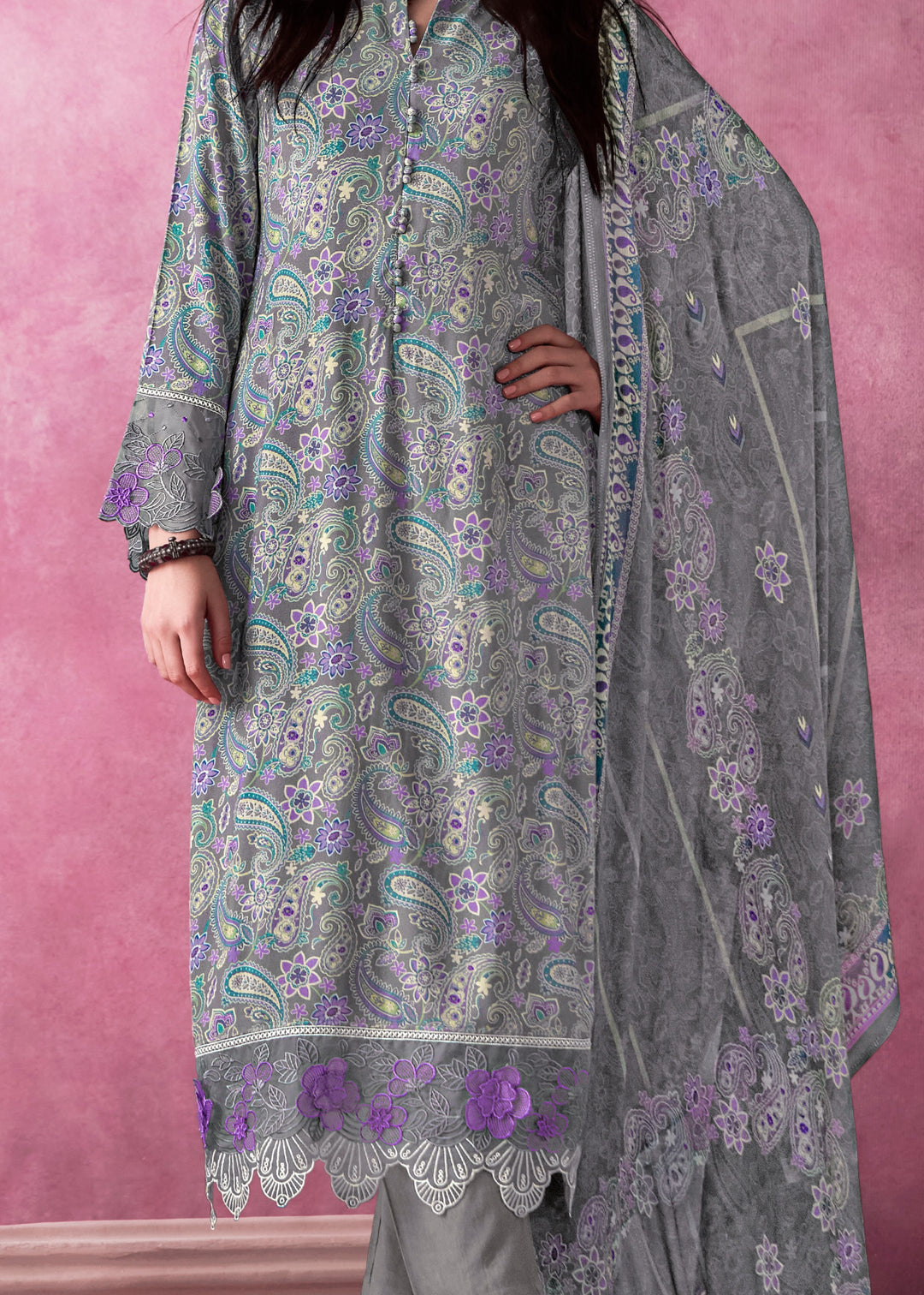 Grey - Purple Pure Muslin Salwar Suit