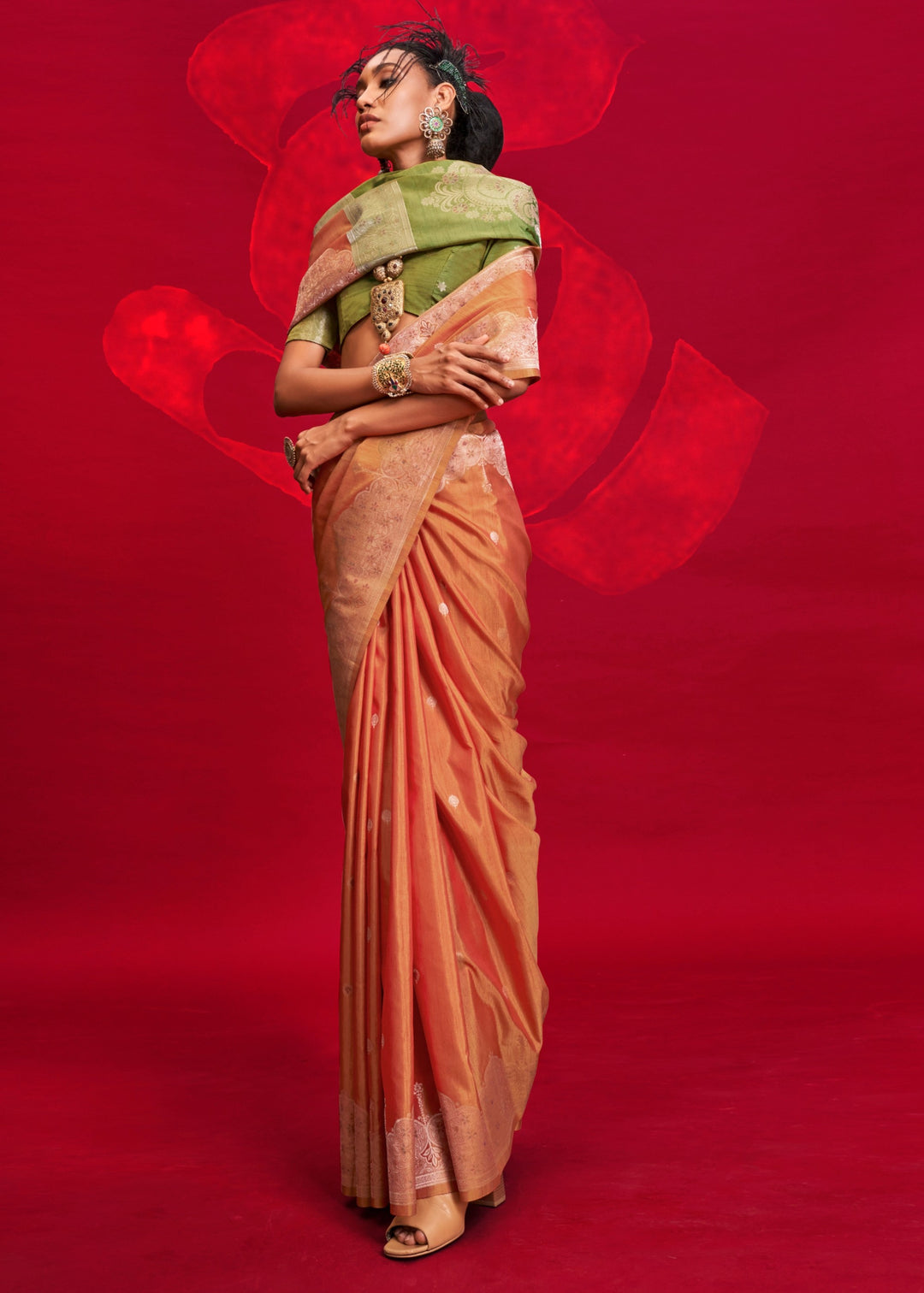 Orange Tussar Silk Handloom Weaving Saree with Contrast Ikkat Pallu