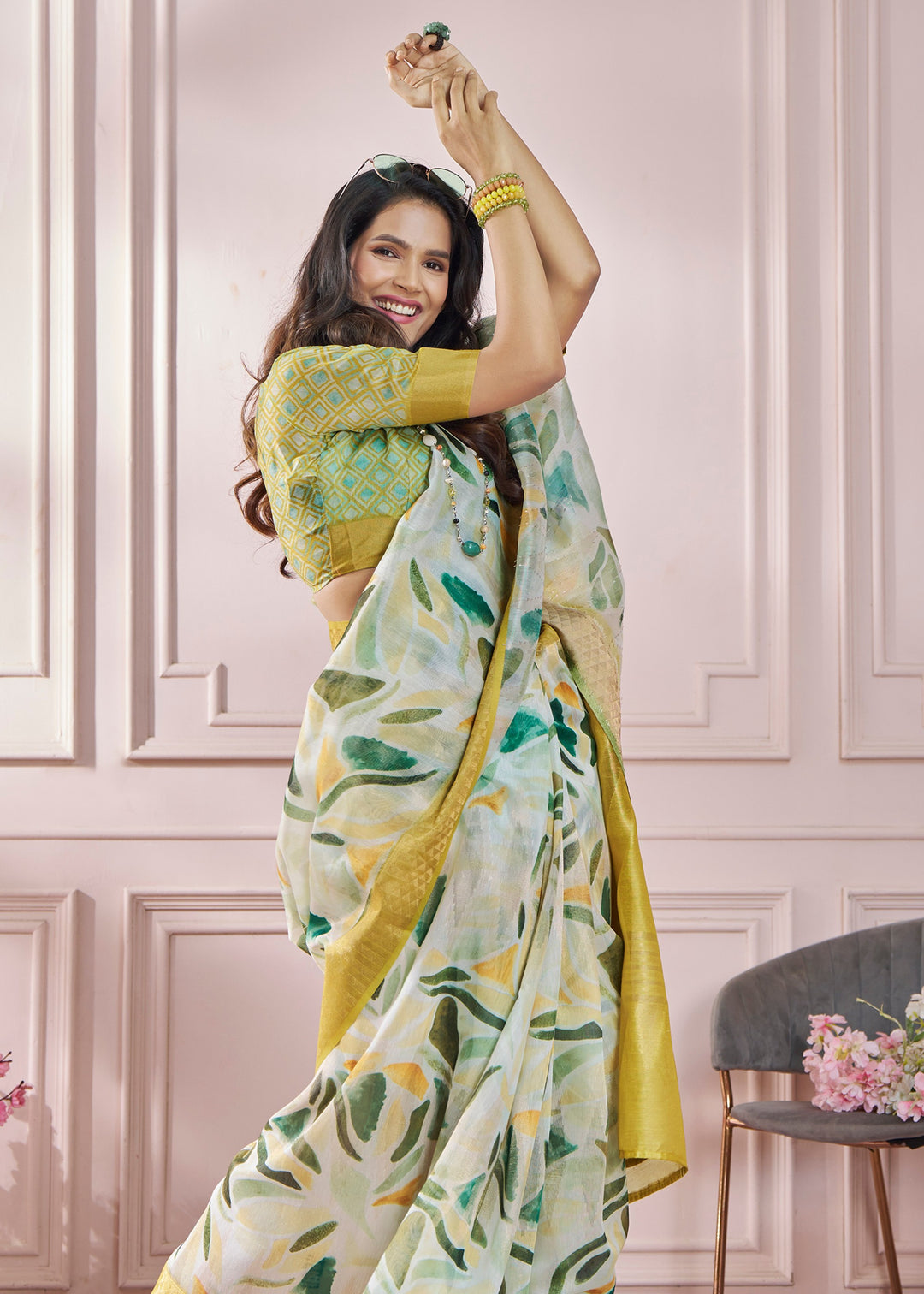 Banana Yellow Soft Zari Based Modal Silk Saree With Beautiful Colorfull Print