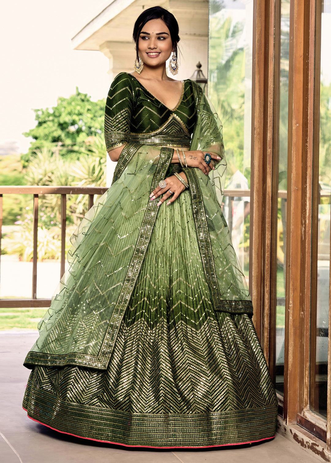 Mehendi Green Chinon Silk Lehenga With Sequence and Thread Embroidery Work