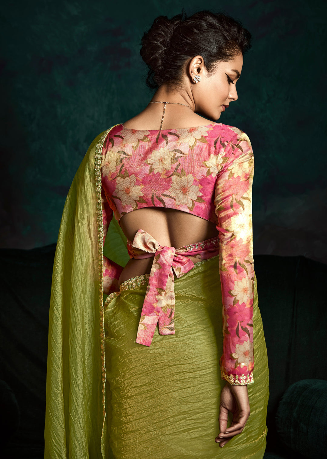 Kelly Green Fancy Fabric Silk Saree With Sequins And Thread Embroidered Butti Work