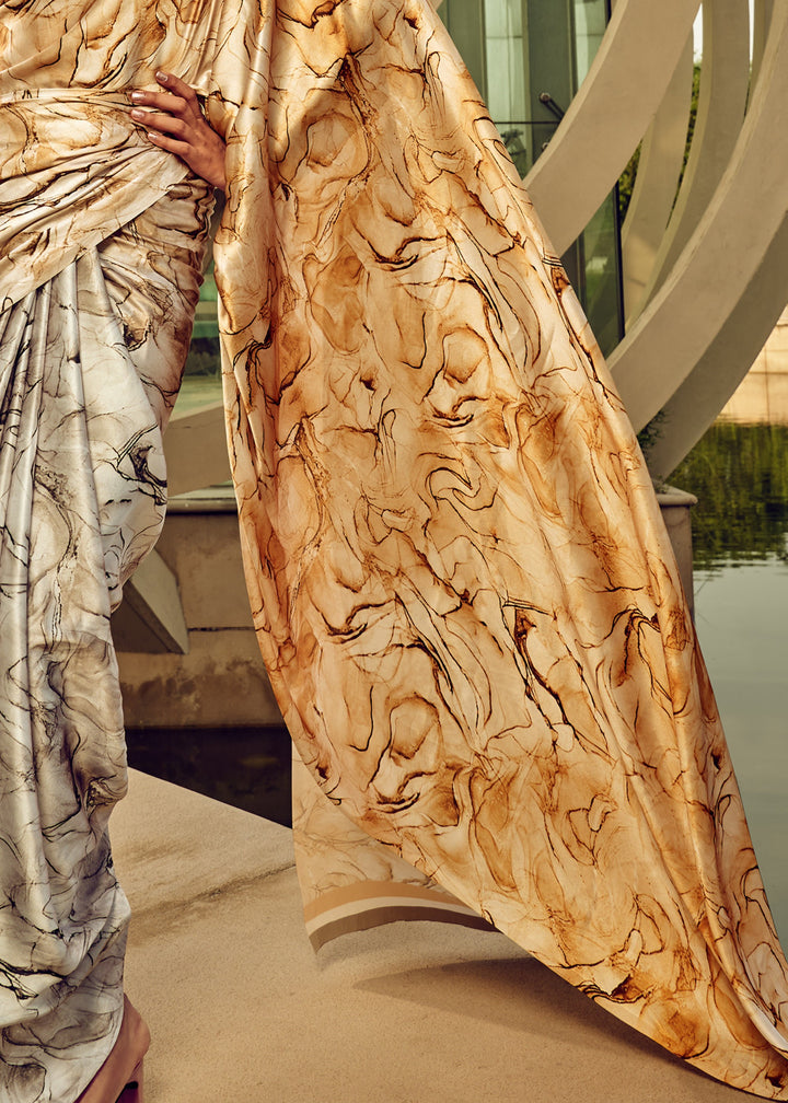 Off-White Satin Digital Printed Saree