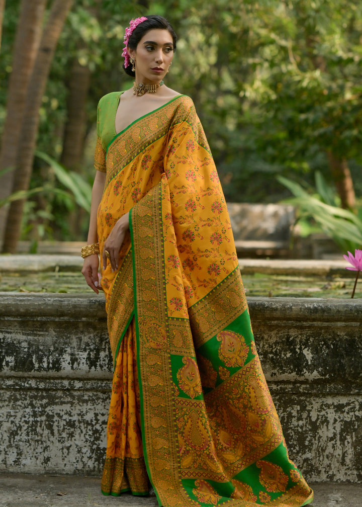 Sunflower Yellow Thread Woven Pashmina Silk Saree With Heavy Thread Woven Pallu