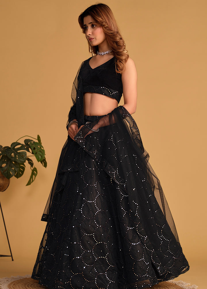 Sable Black Georgette Lehenga Choli With Sequins Zari Embroidered Work