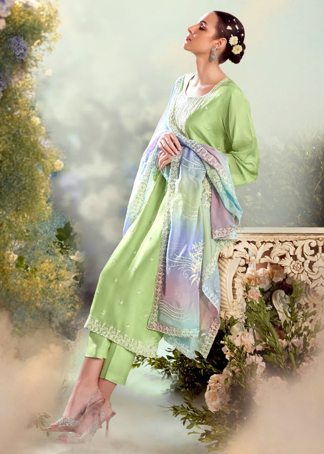 Pastel Green Modale Silk Salwar Suit With Embroidery