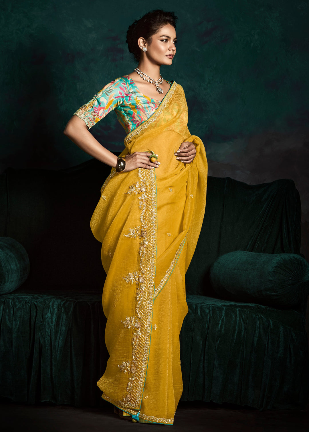 Sunflower Yellow Fancy Fabric Silk Saree With Sequins And Thread Embroidered Butti Work