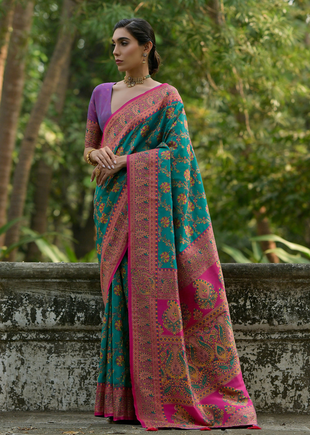 Pine Green Thread Woven Pashmina Silk Saree With Heavy Thread Woven Pallu