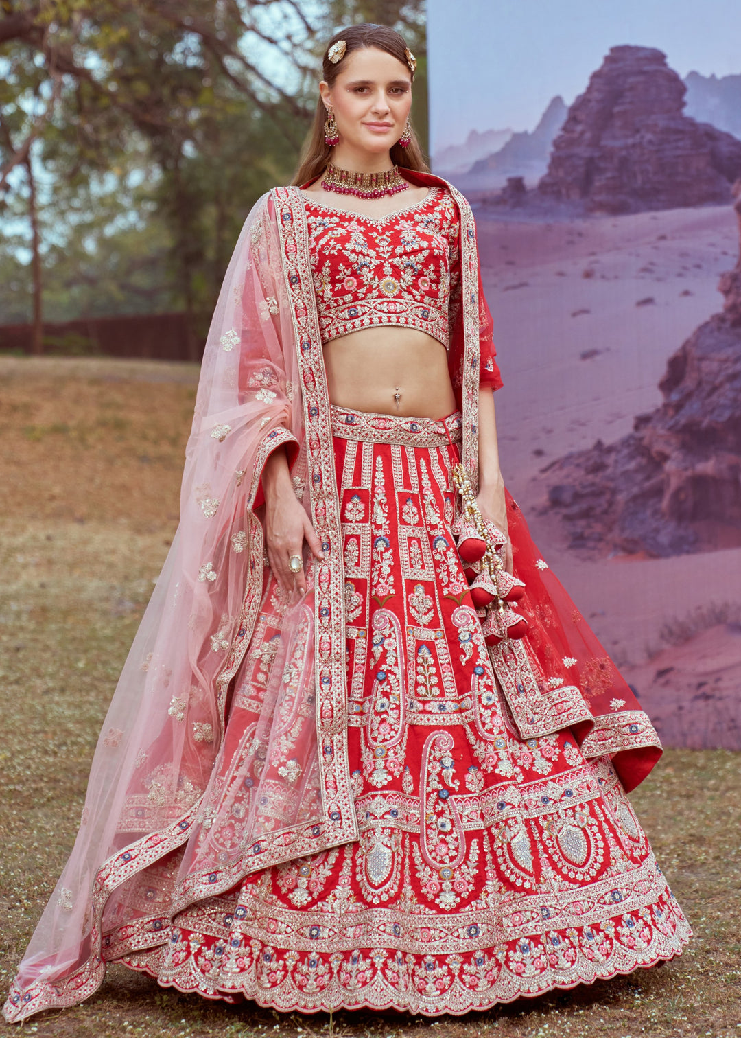 Red Pure silk Moti, Sequins embroidery Bridal Lehenga