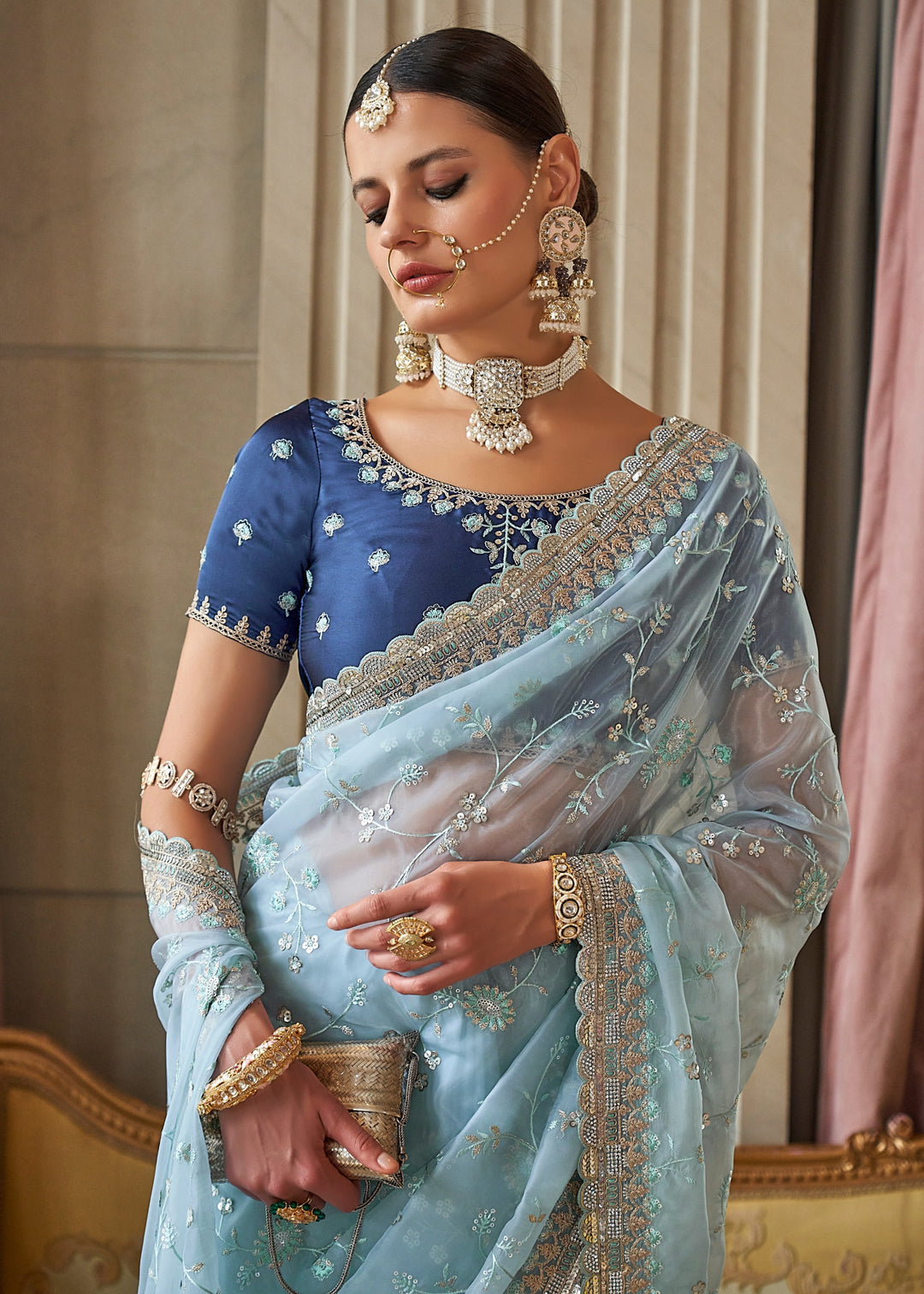 Sky Blue Fancy Tissue Saree With Unique Work And Designer Blouse