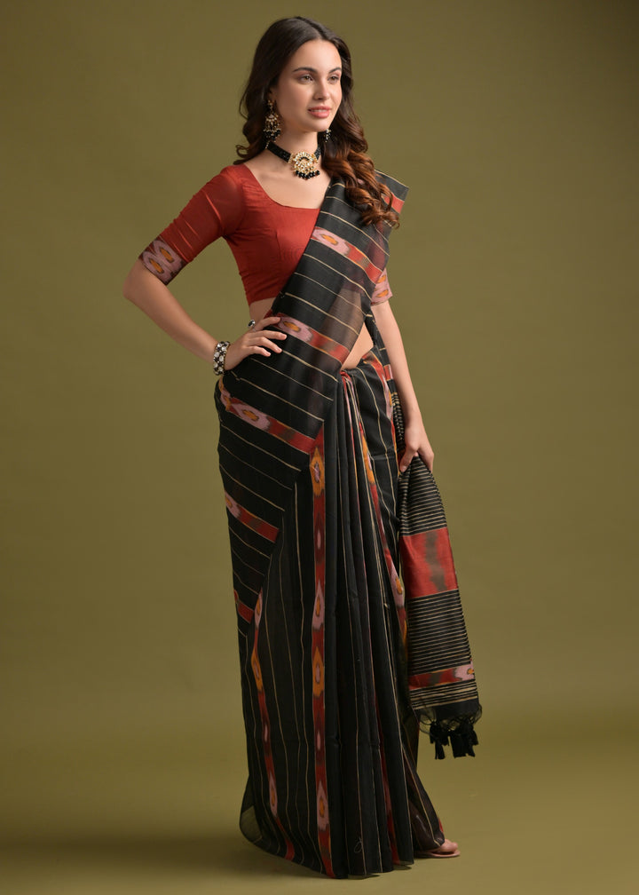 Carbon Black Soft Ikkat Cotton Printed Saree