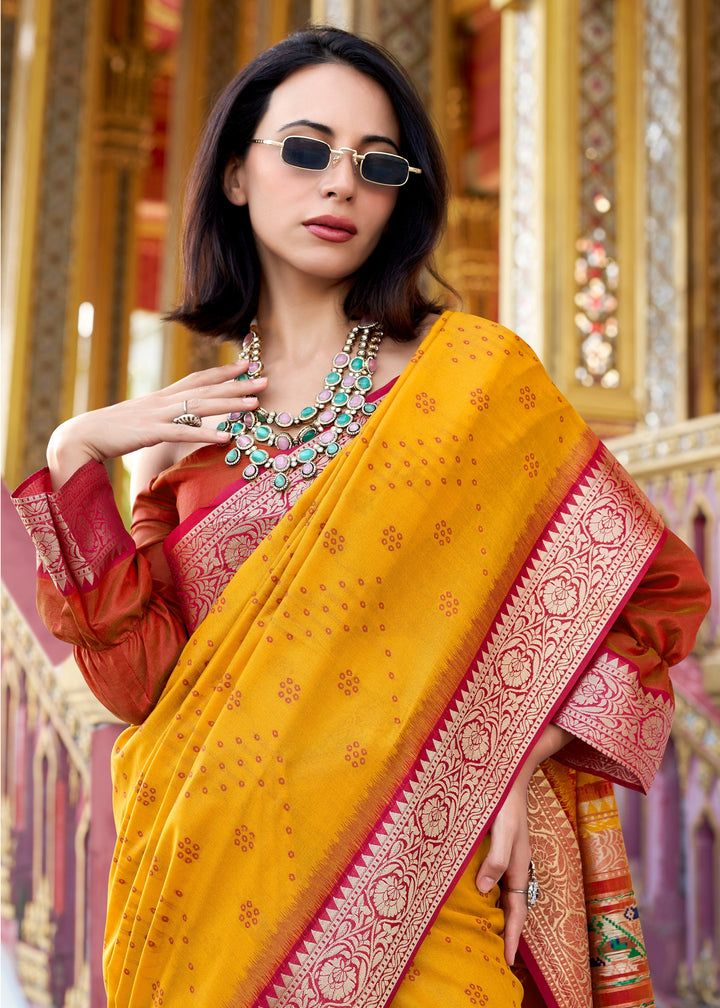 Saffron Yellow Tusser Handloom Silk Saree With Zari Weaving Border & Patola Weaved Pallu