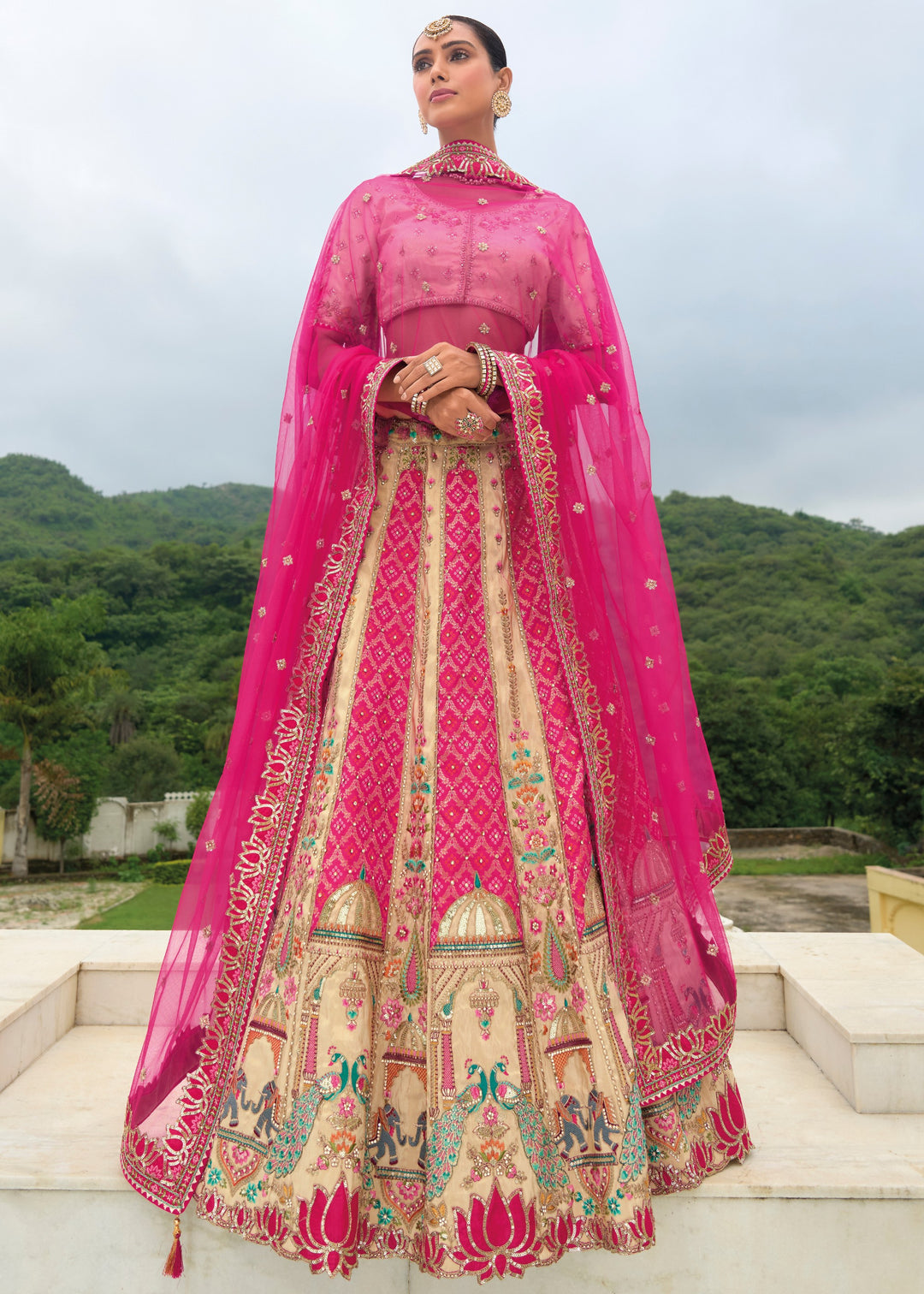 Off White And Pink Banarasi Silk Lehenga With Heavy Embroidery Work