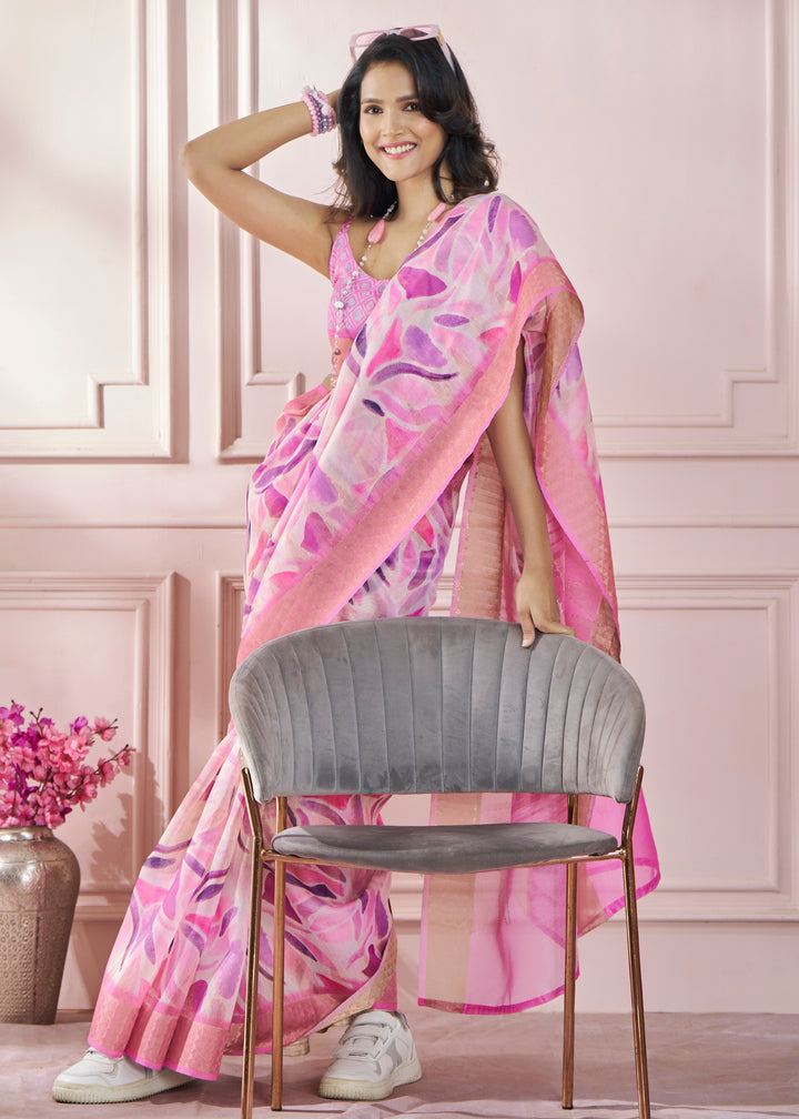 Baby Pink Soft Zari Based Modal Silk Saree With Beautiful Colorfull Print