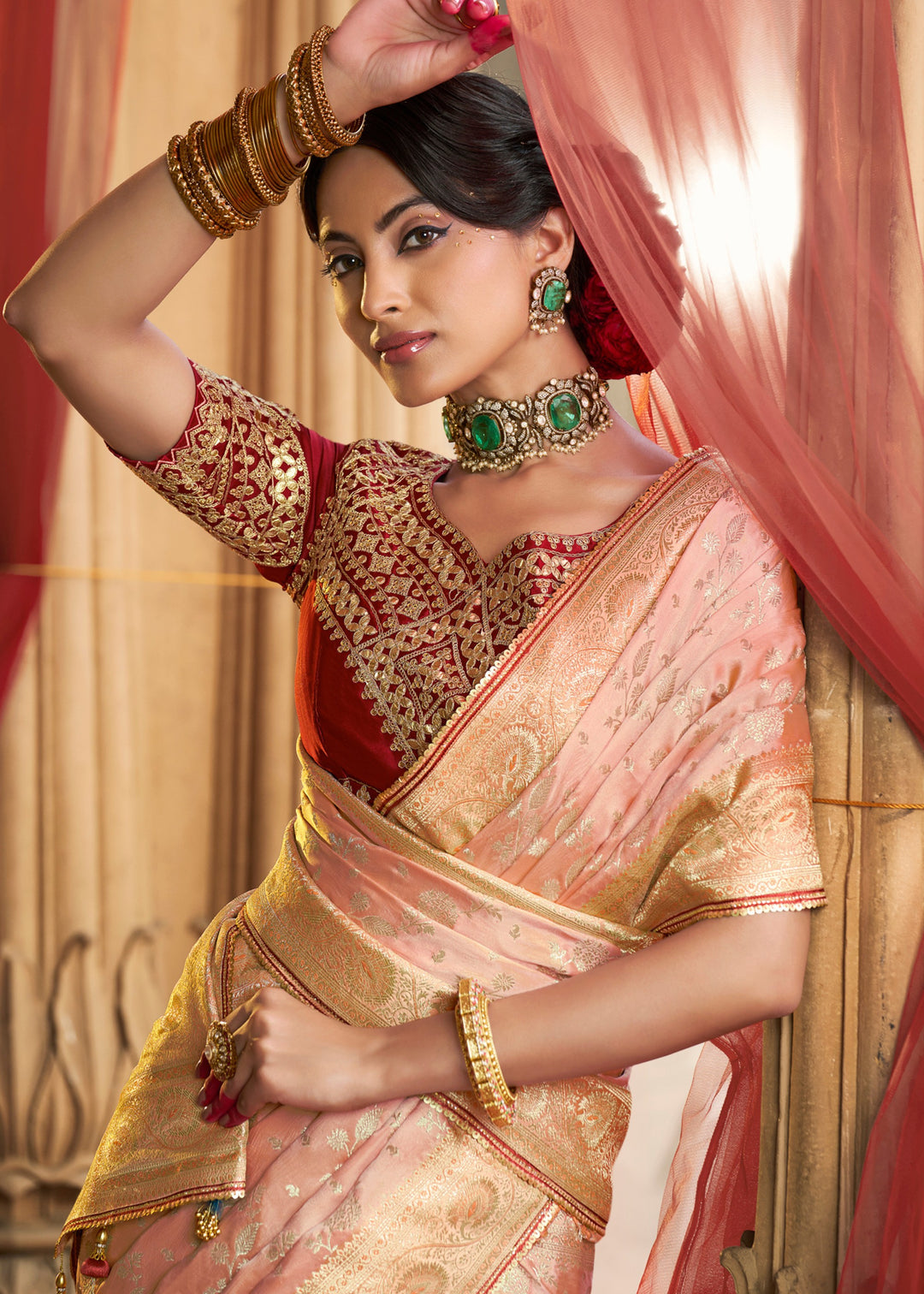 Peach Satin Silk Saree With Beautiful Lace Border And Heavy Designer Embroidered Blouse