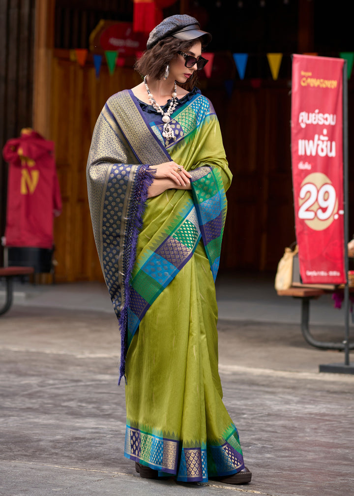 Slime Green Banarasi Silk Saree With Beautiful Contrast Border