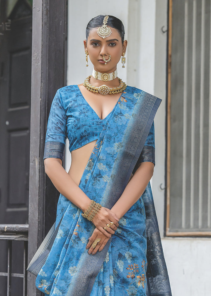 Azure Blue Woven Silk Saree