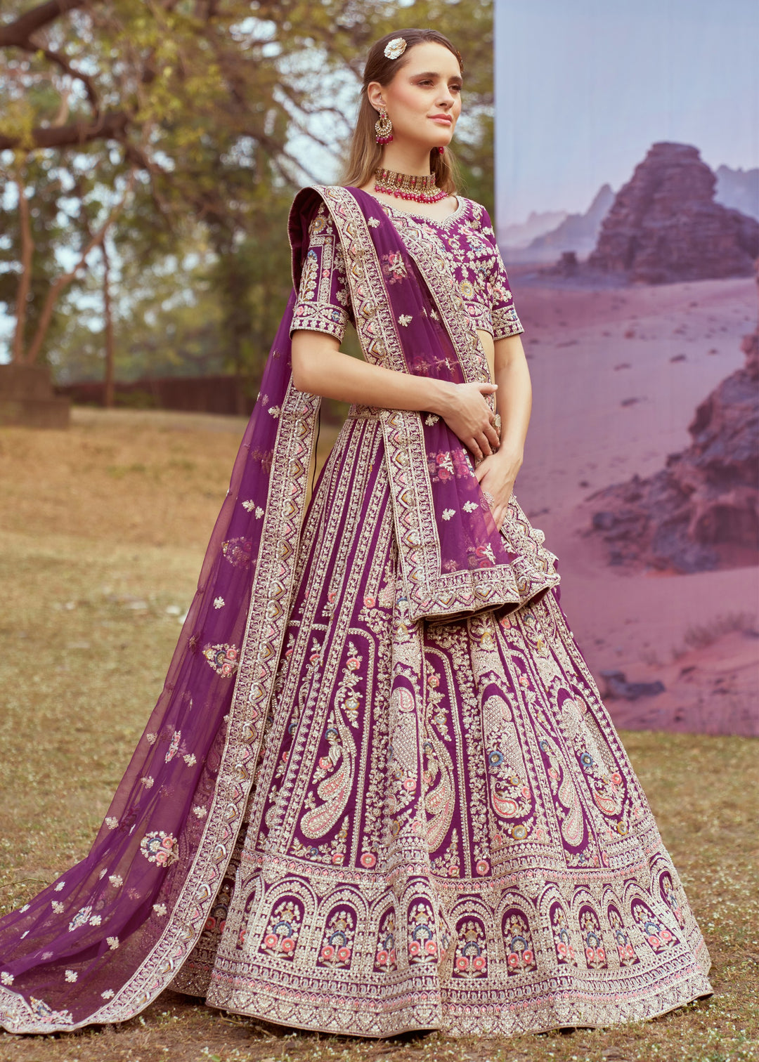 Dark Purple Pure silk Moti, Coding embroidery Bridal Lehenga