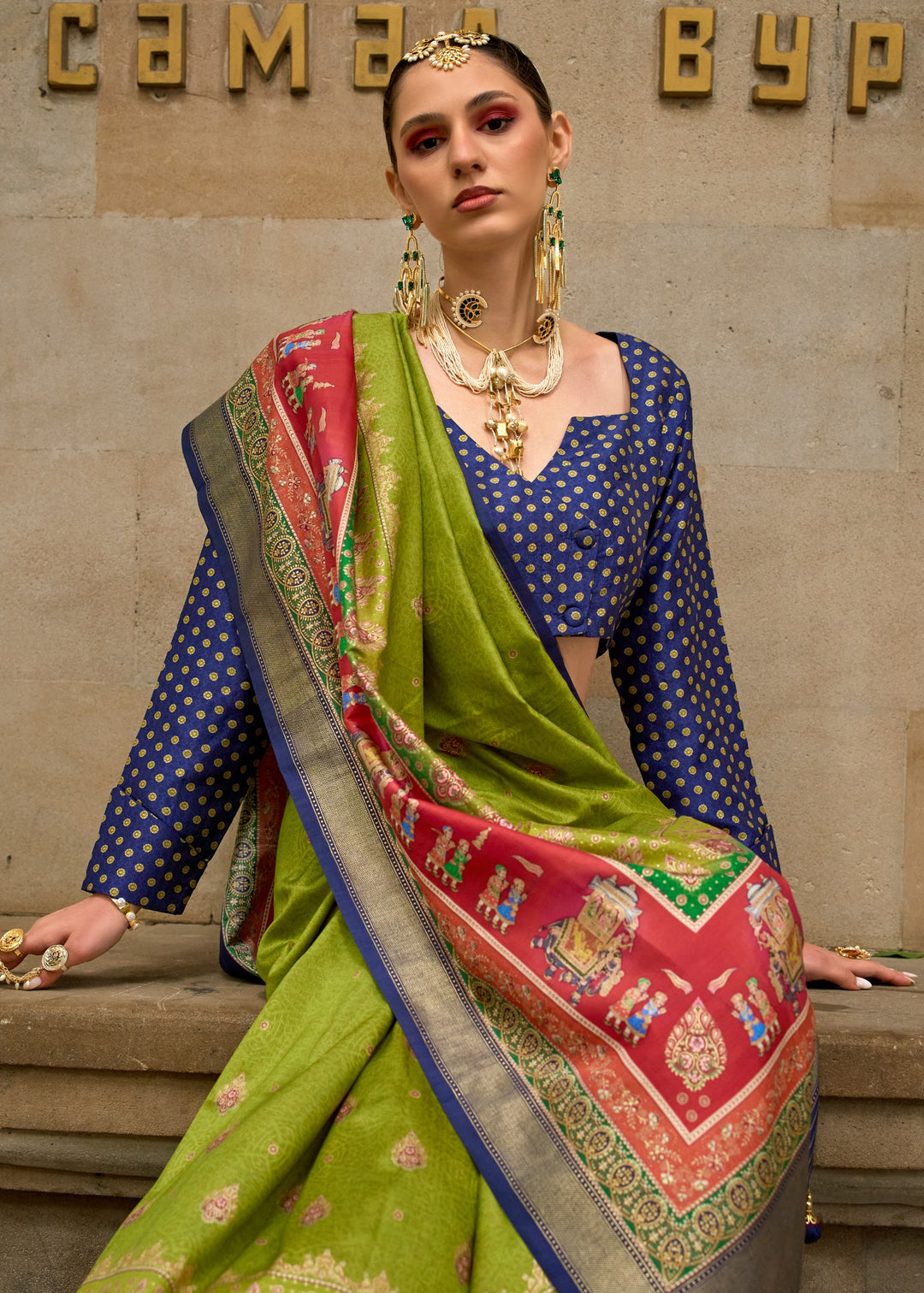 Chartreuse Green Poly Viscose Silk Saree With Foil Print