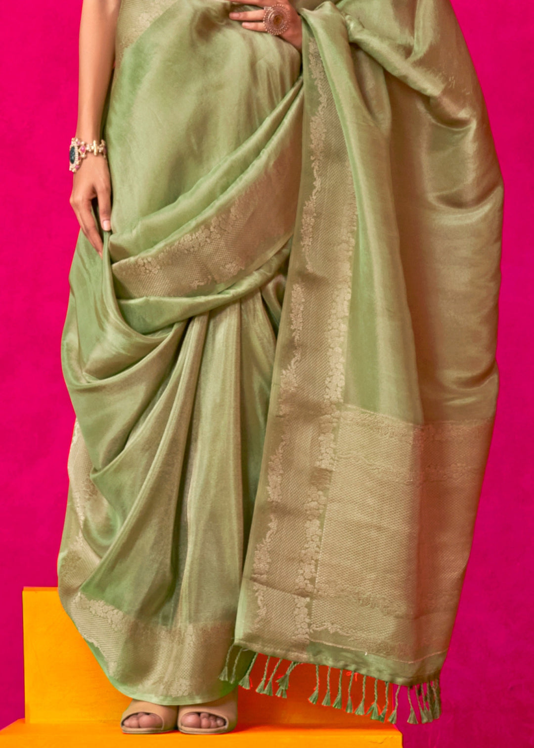 Bud Green Zari Tissue Silk Saree With Weaving Border