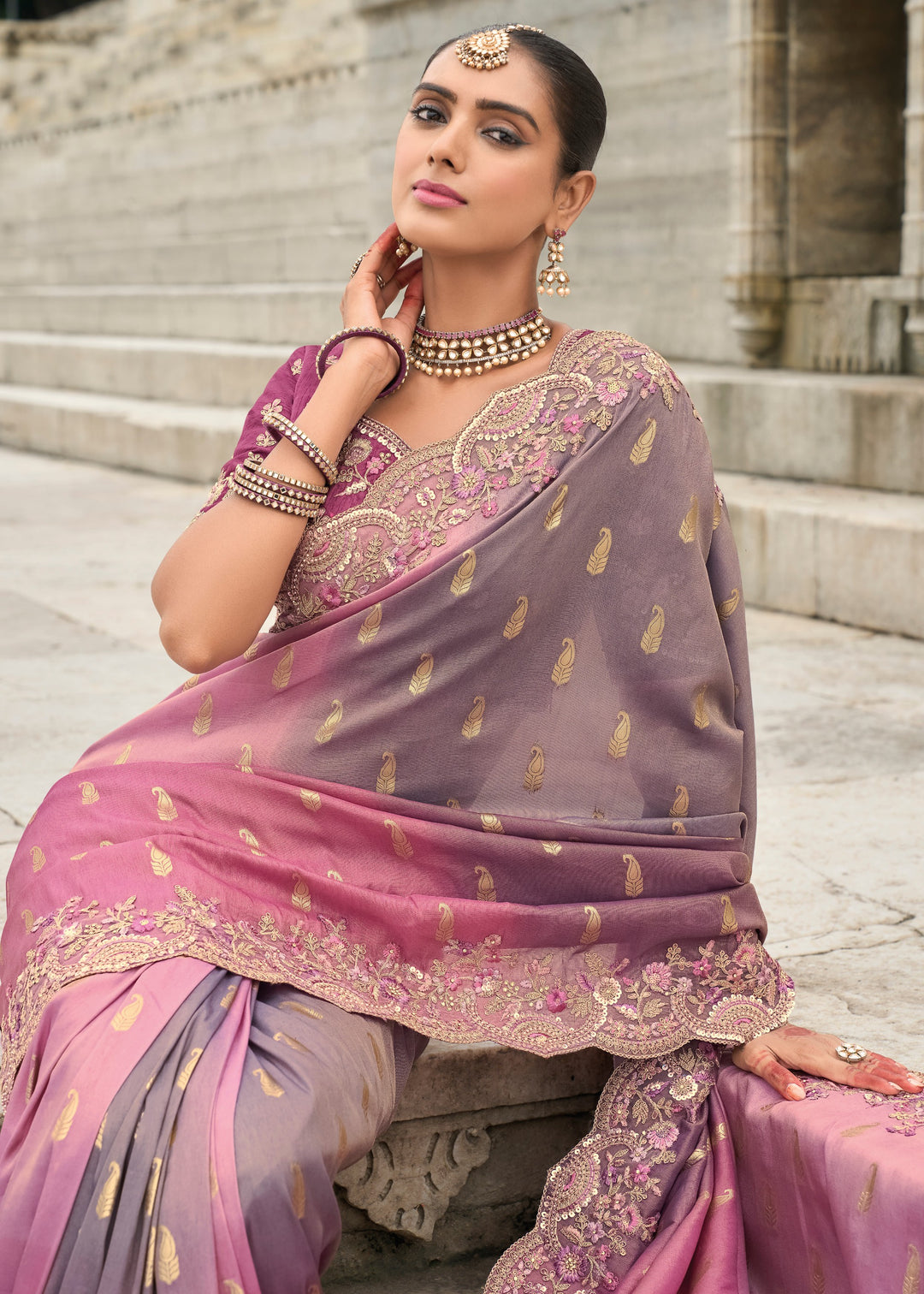 Mauve Purple And Pink Viscose Tissue Silk Saree With Embroidery Cut Work Border And Sequence Work