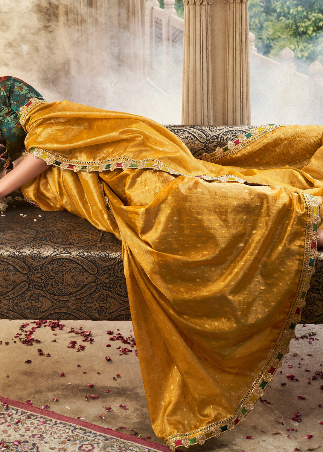 Tuscany Yellow Tissue Silk Saree With Multicolored Lace & Designer Blouse