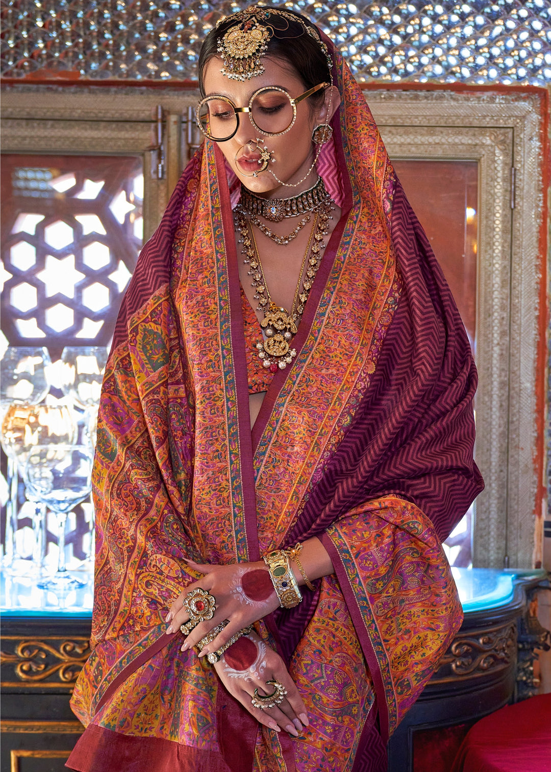 Wine Red Silk Saree With Beautiful Print