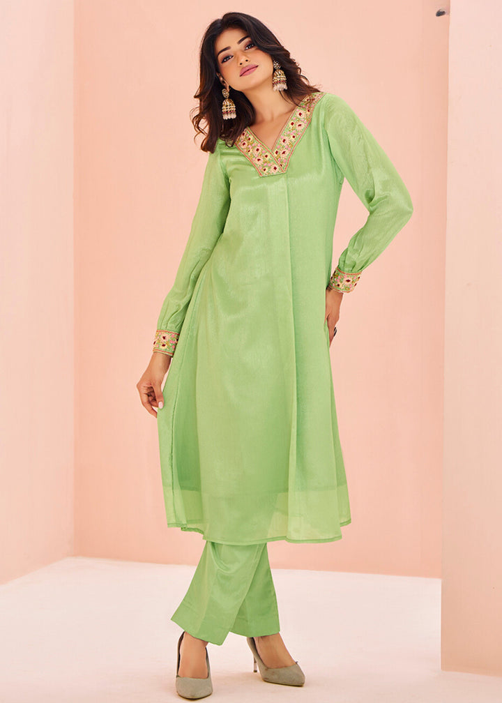 Chinon Green Handwork Kurta with Pant