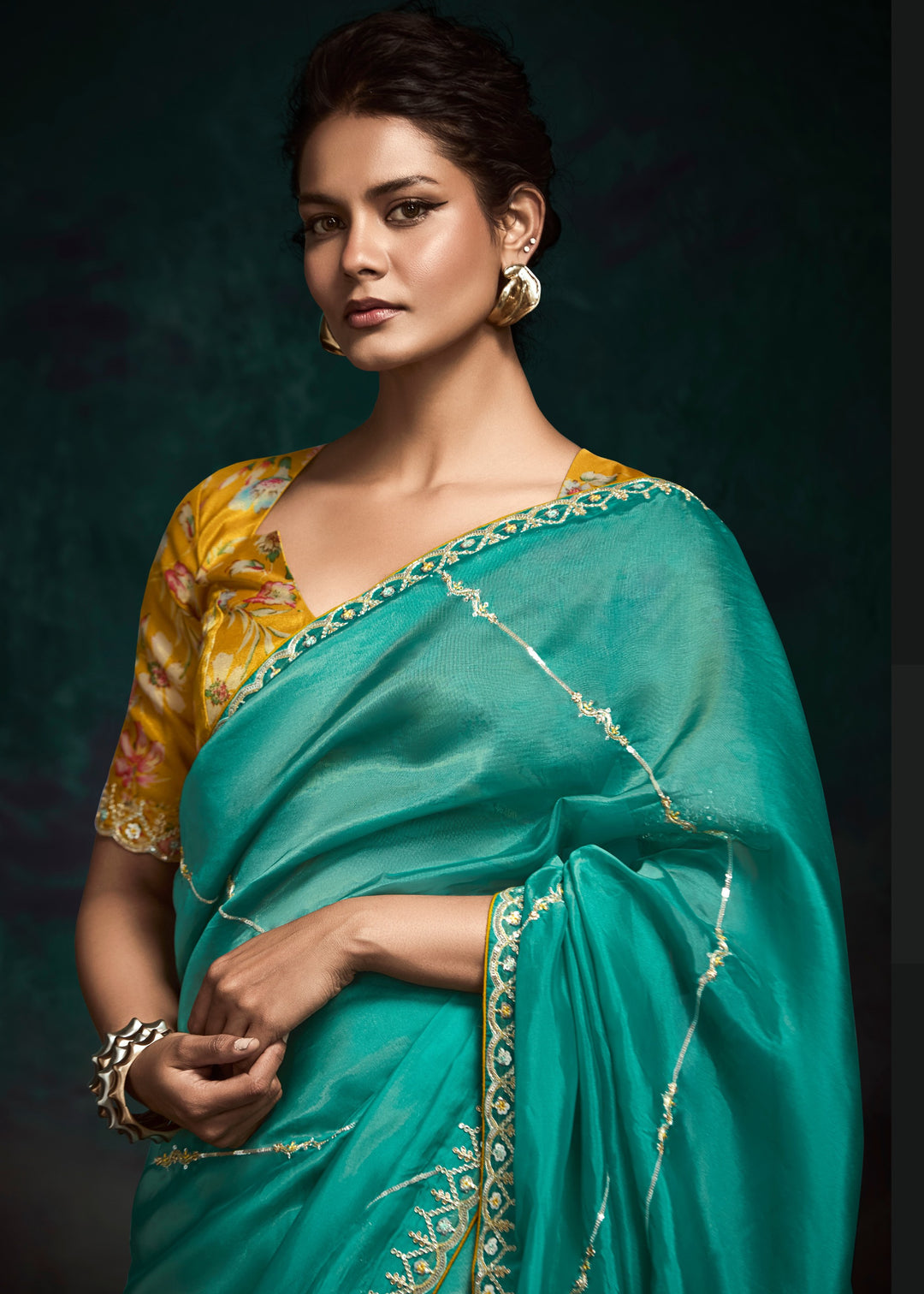 Jade Green Fancy Fabric Silk Saree With Sequins And Thread Embroidered Butti Work