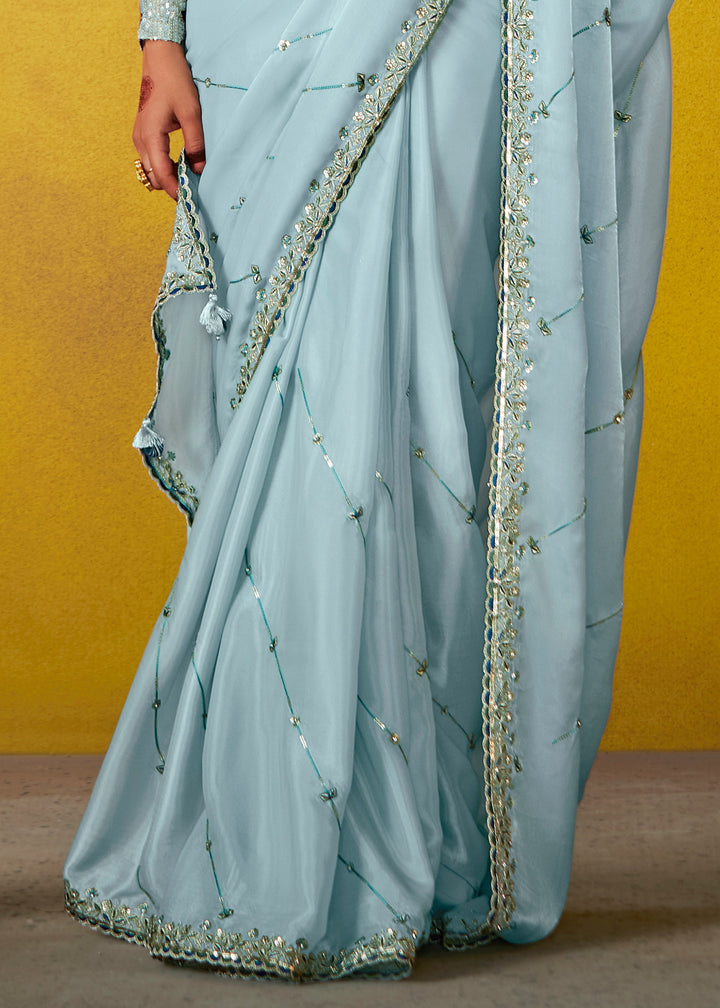 Arctic Blue Glass Tissue Silk Saree With Sequins And Thread Embroidered Work